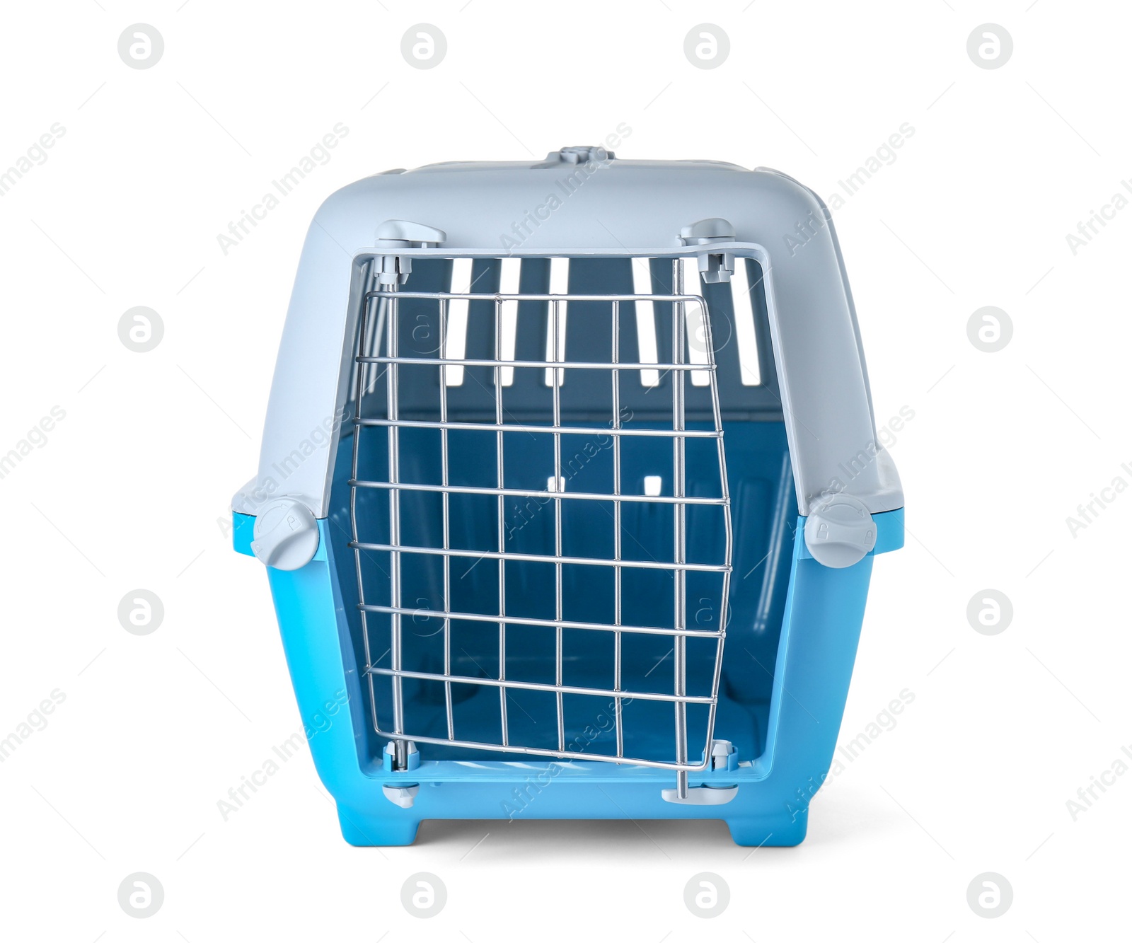 Photo of Light blue pet carrier isolated on white