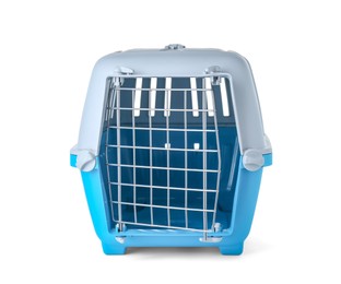 Photo of Light blue pet carrier isolated on white