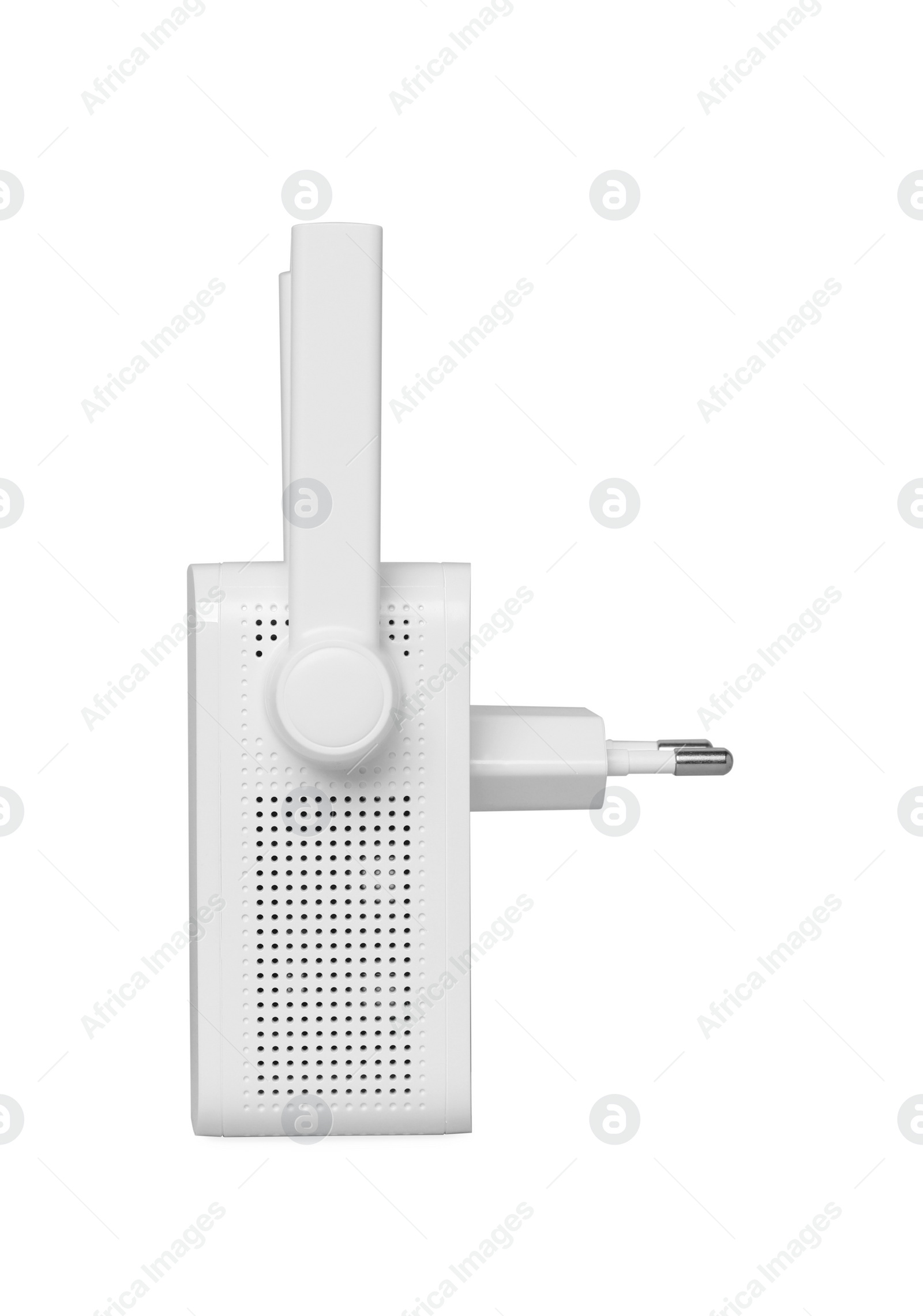 Photo of New modern Wi-Fi repeater on light gray background