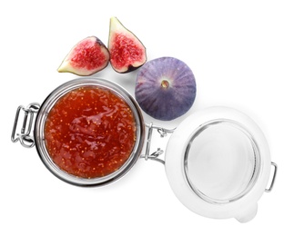 Photo of Homemade delicious fig jam and fresh fruits on white background, top view