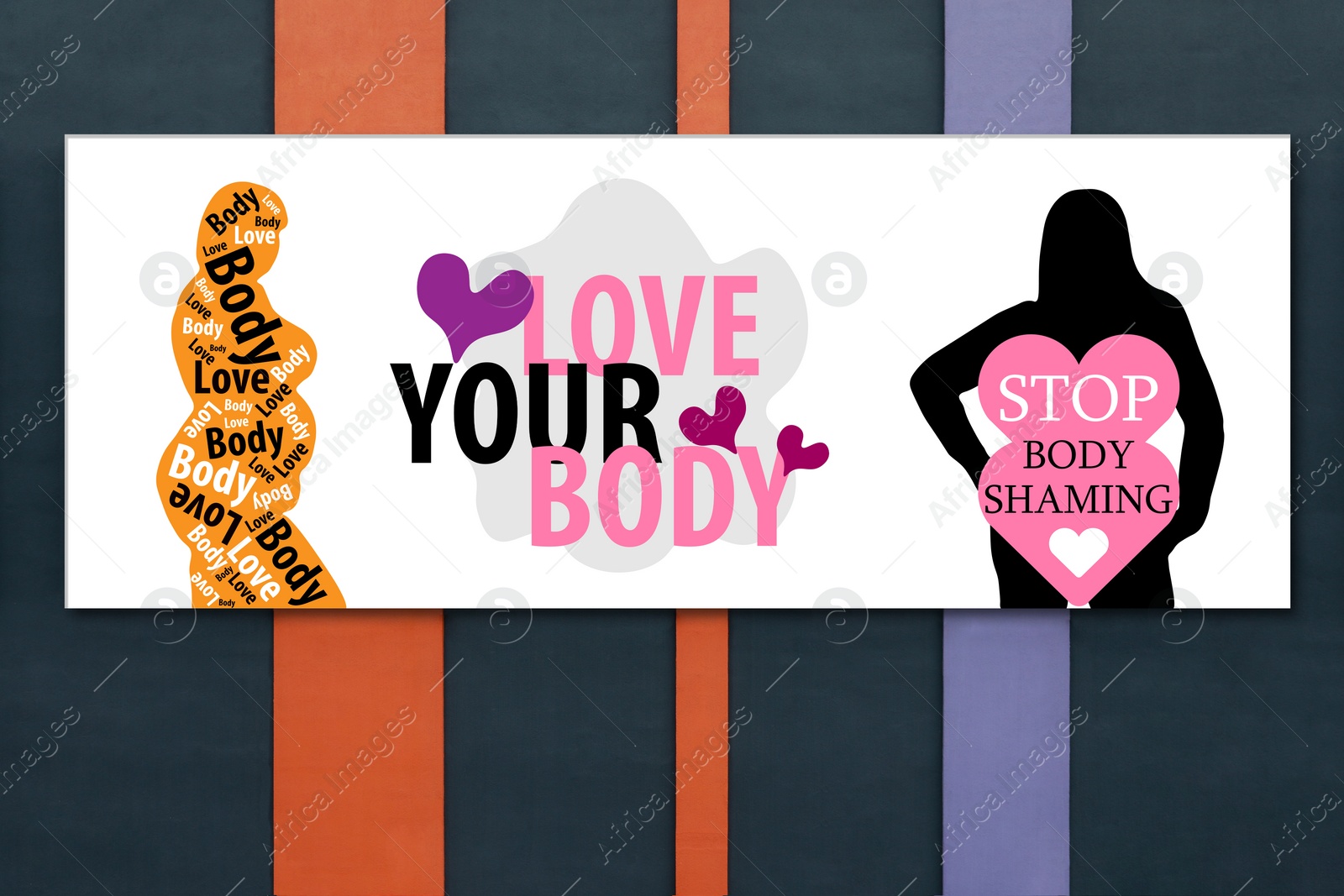 Image of Accept your body and love yourself. Poster with body positive pictures on color wall