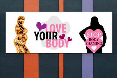 Image of Accept your body and love yourself. Poster with body positive pictures on color wall