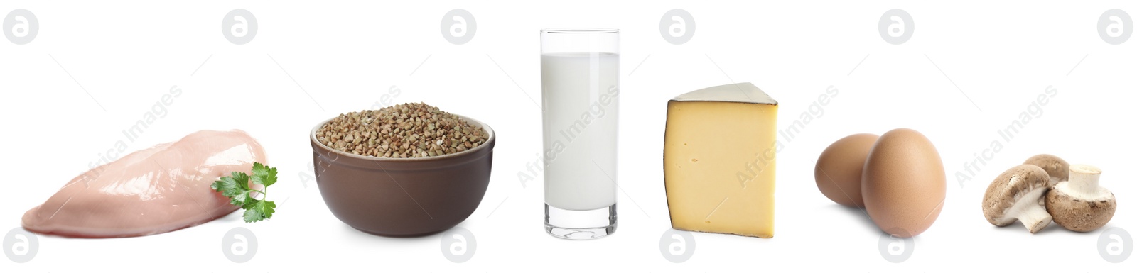 Image of Set with food rich in protein on white background. Banner design