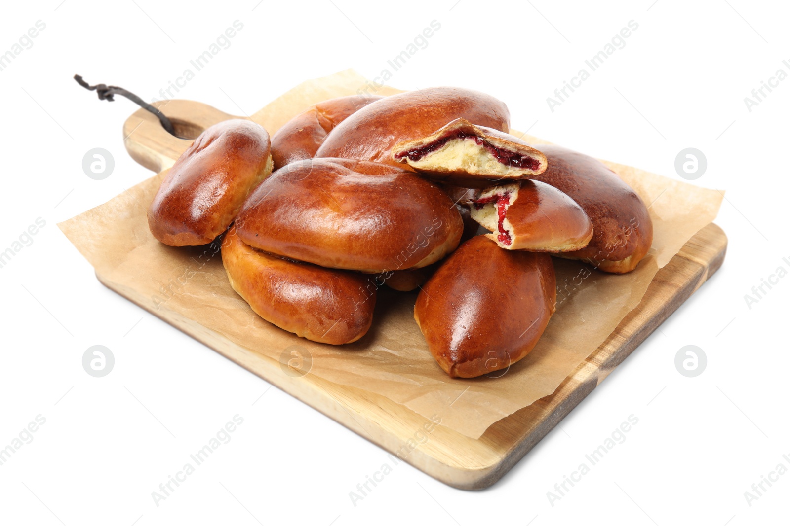 Photo of Delicious baked cranberry pirozhki on white background