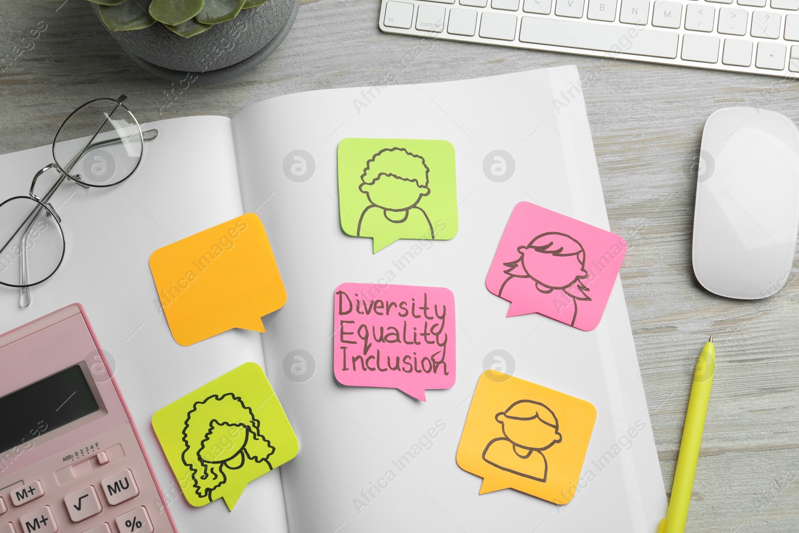 Photo of Sticky note with words Diversity, Equality, Inclusion and stationery on wooden table, flat lay