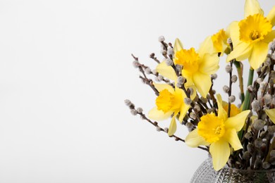 Photo of Bouquet of beautiful yellow daffodils and willow twigs in vase on white background, space for text