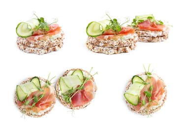 Image of Set of tasty crunchy puffed cakes with cream cheese, prosciutto and cucumber slices on white background