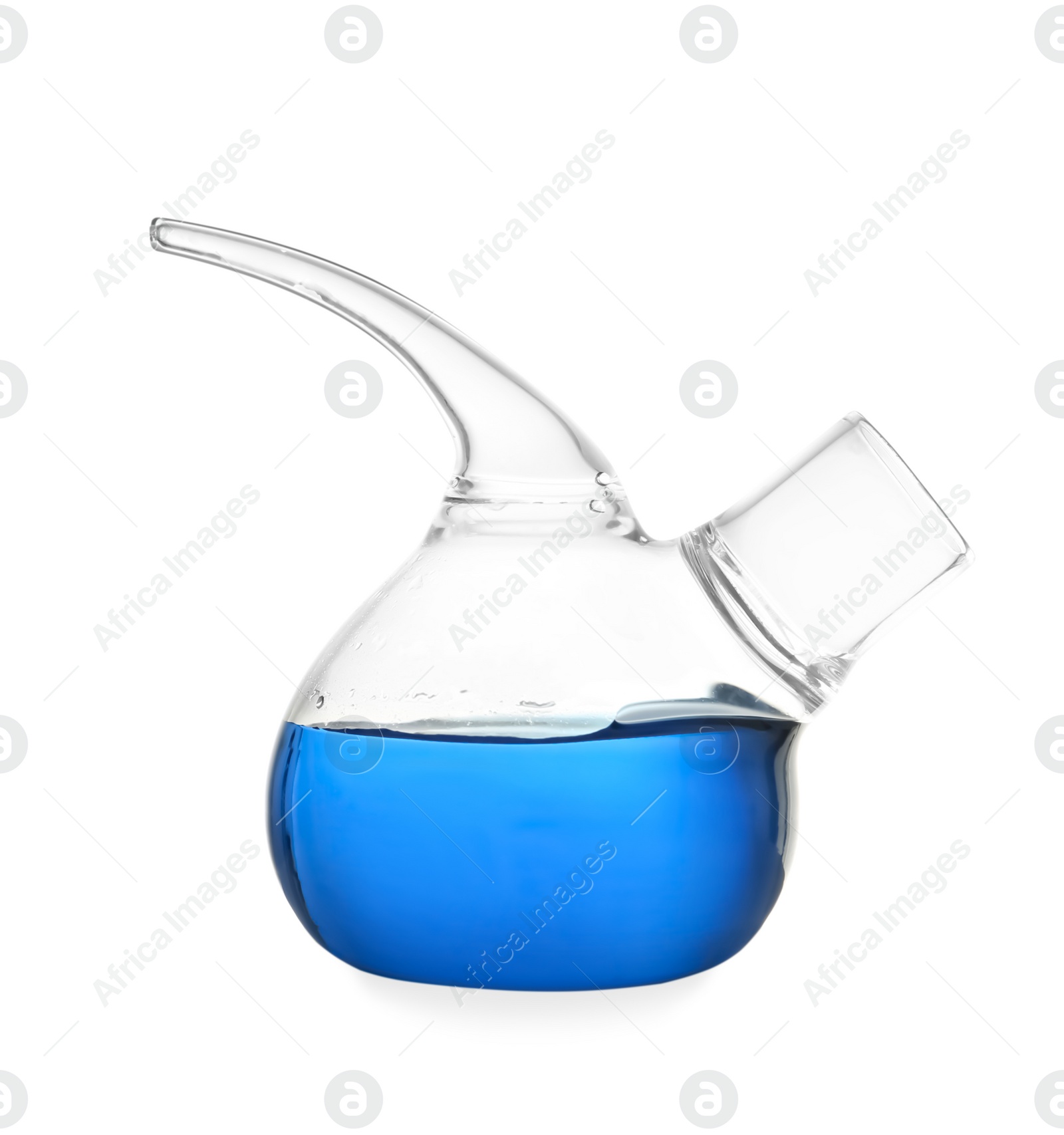 Photo of Retort flask with blue liquid on white background. Laboratory glassware