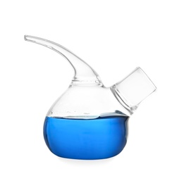 Retort flask with blue liquid on white background. Laboratory glassware