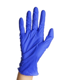 Photo of Doctor in medical glove on white background