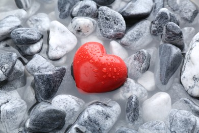 Red decorative heart on stones and water, closeup