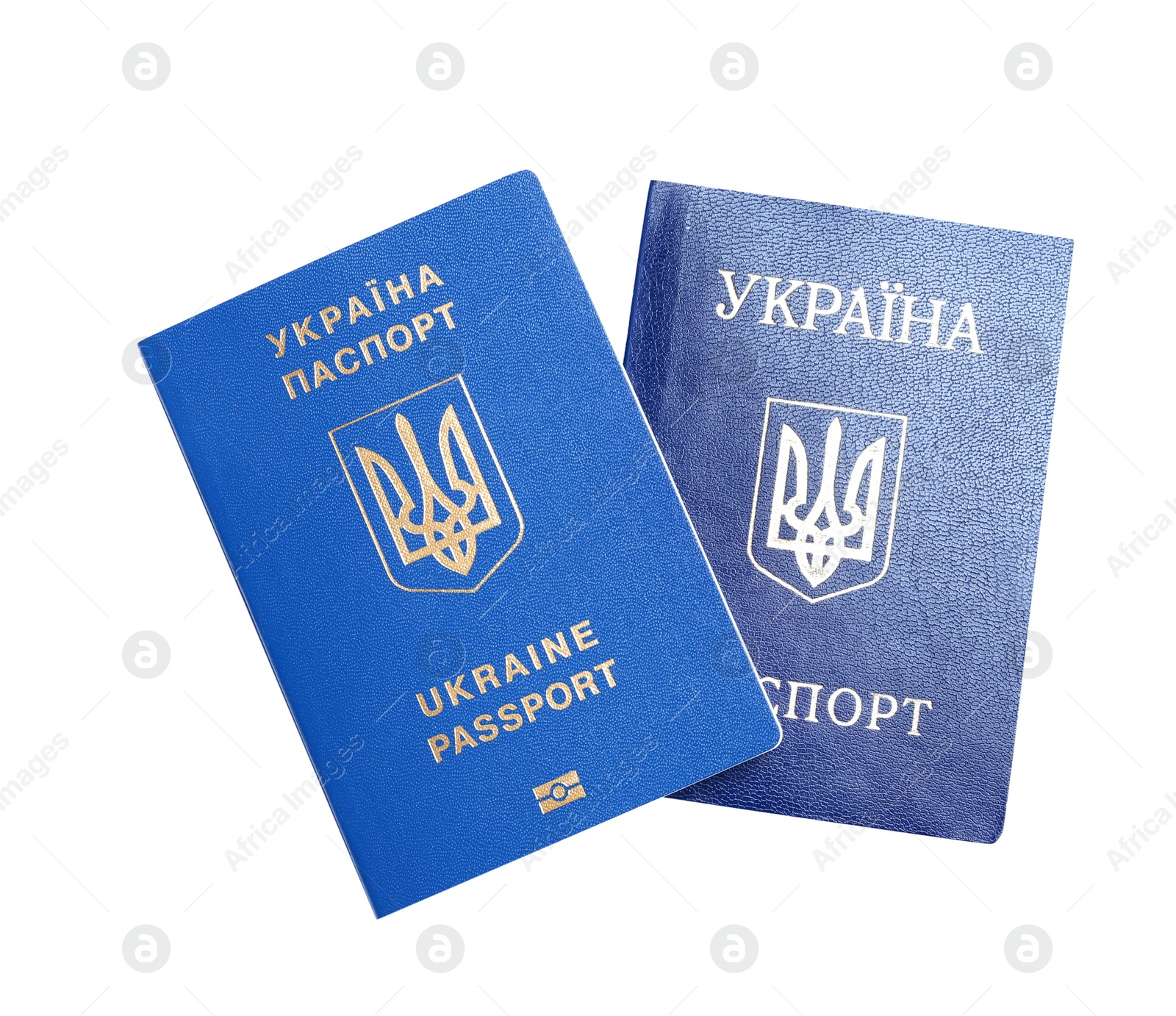 Photo of Ukrainian passports on white background, top view. International relationships