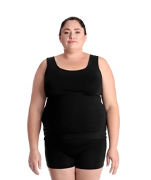 Photo of Fat woman on white background. Weight loss