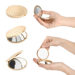 Image of Collage with photos of women holding pocket mirrors on white background, closeup