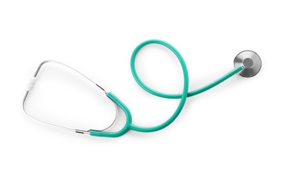 Photo of Stethoscope on white background, top view. Medical device