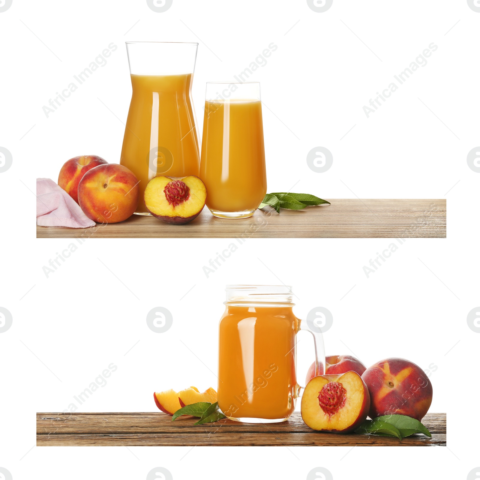 Image of Collage of peach juice and fresh fruits on different wooden surfaces, isolated on white