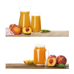 Image of Collage of peach juice and fresh fruits on different wooden surfaces, isolated on white