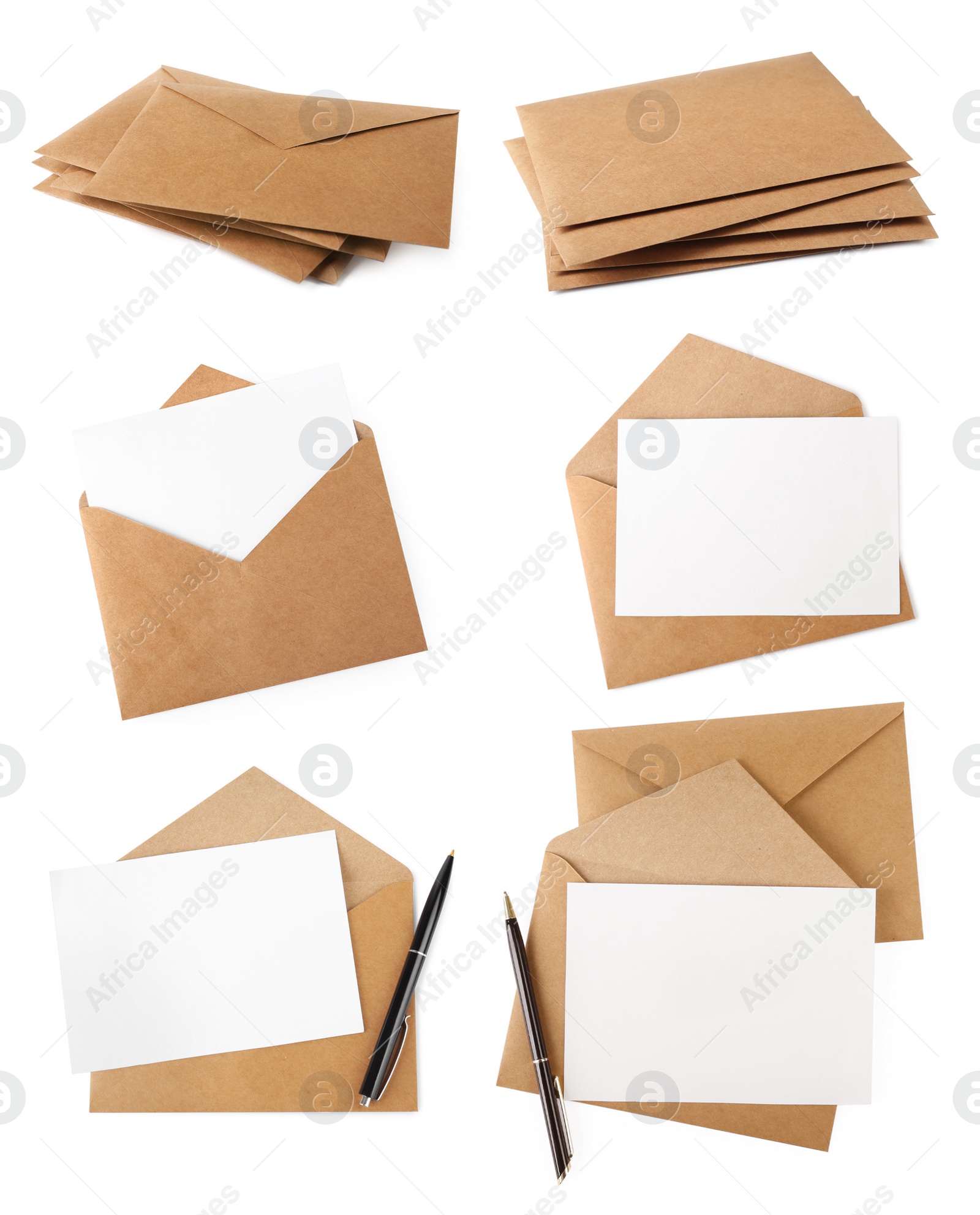 Image of Set with letter in kraft envelopes on white background