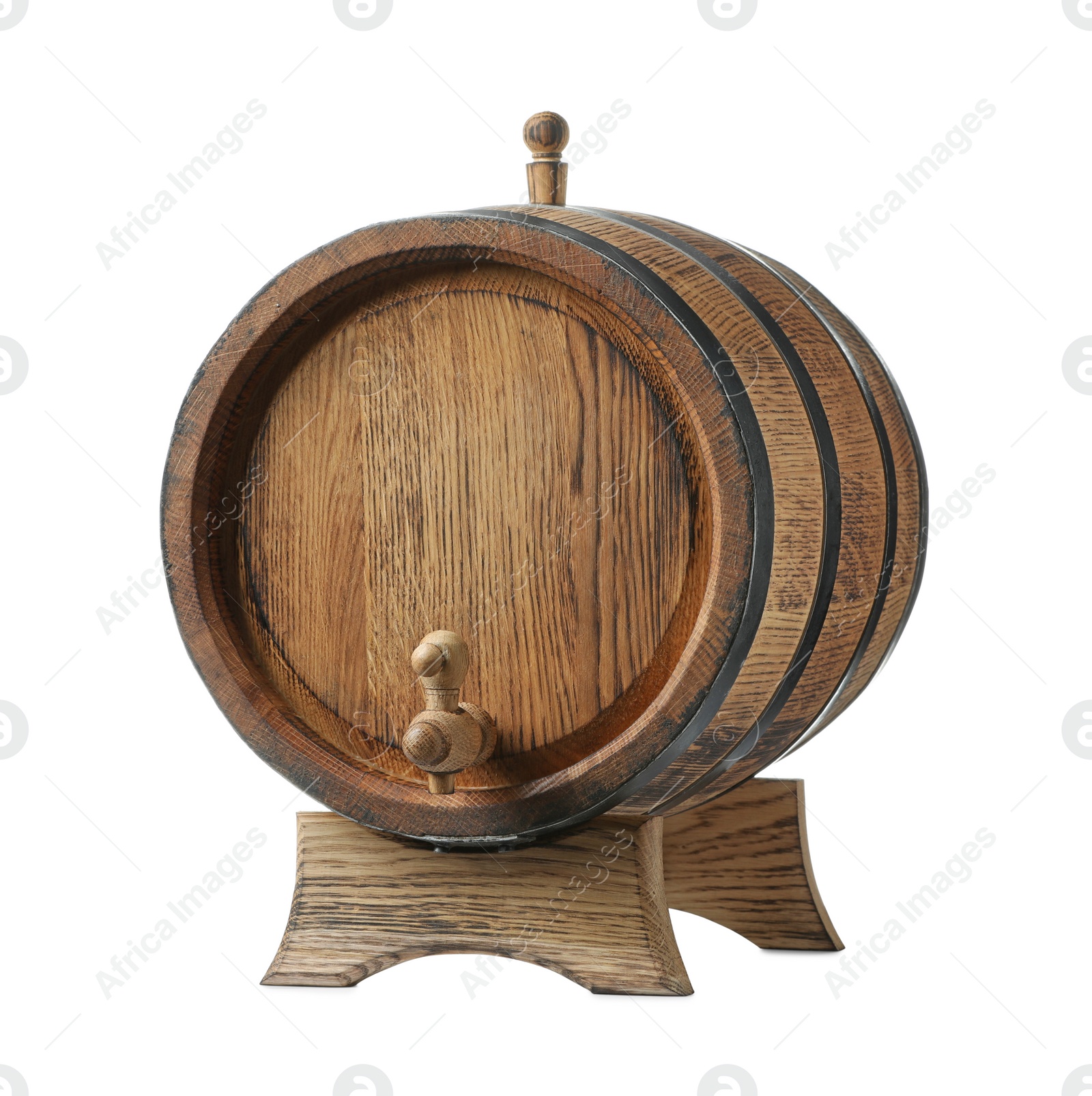 Photo of One wooden barrel with tap on white background