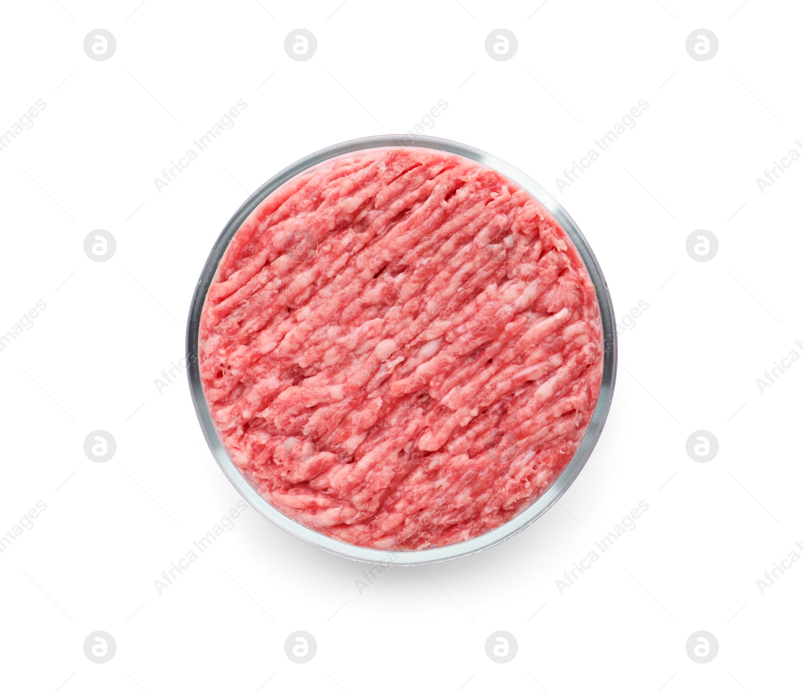 Photo of Petri dish with raw minced cultured meat on white background, top view