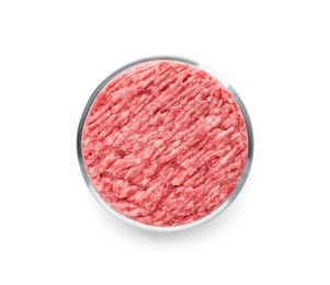 Photo of Petri dish with raw minced cultured meat on white background, top view
