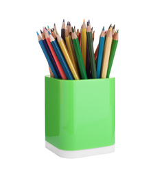 Photo of Many colorful pencils in green holder isolated on white. School stationery