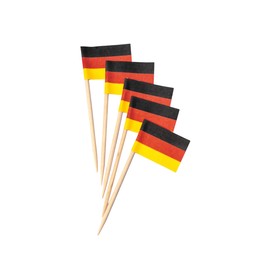 Photo of Small paper flags of Germany on white background, top view