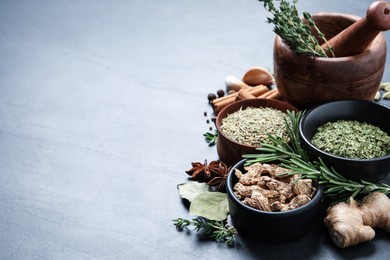 Photo of Composition with different natural spices and herbs on grey table, space for text