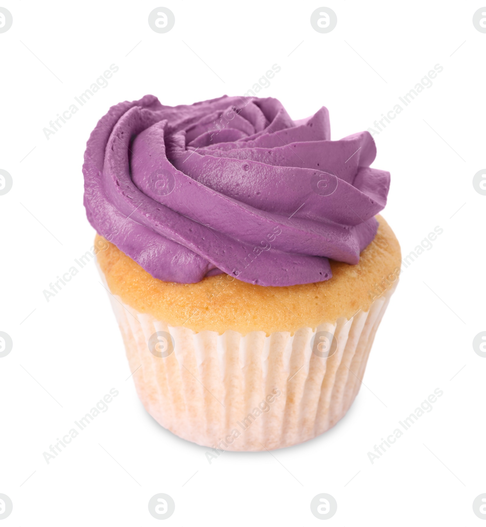 Photo of Delicious cupcake with bright cream isolated on white