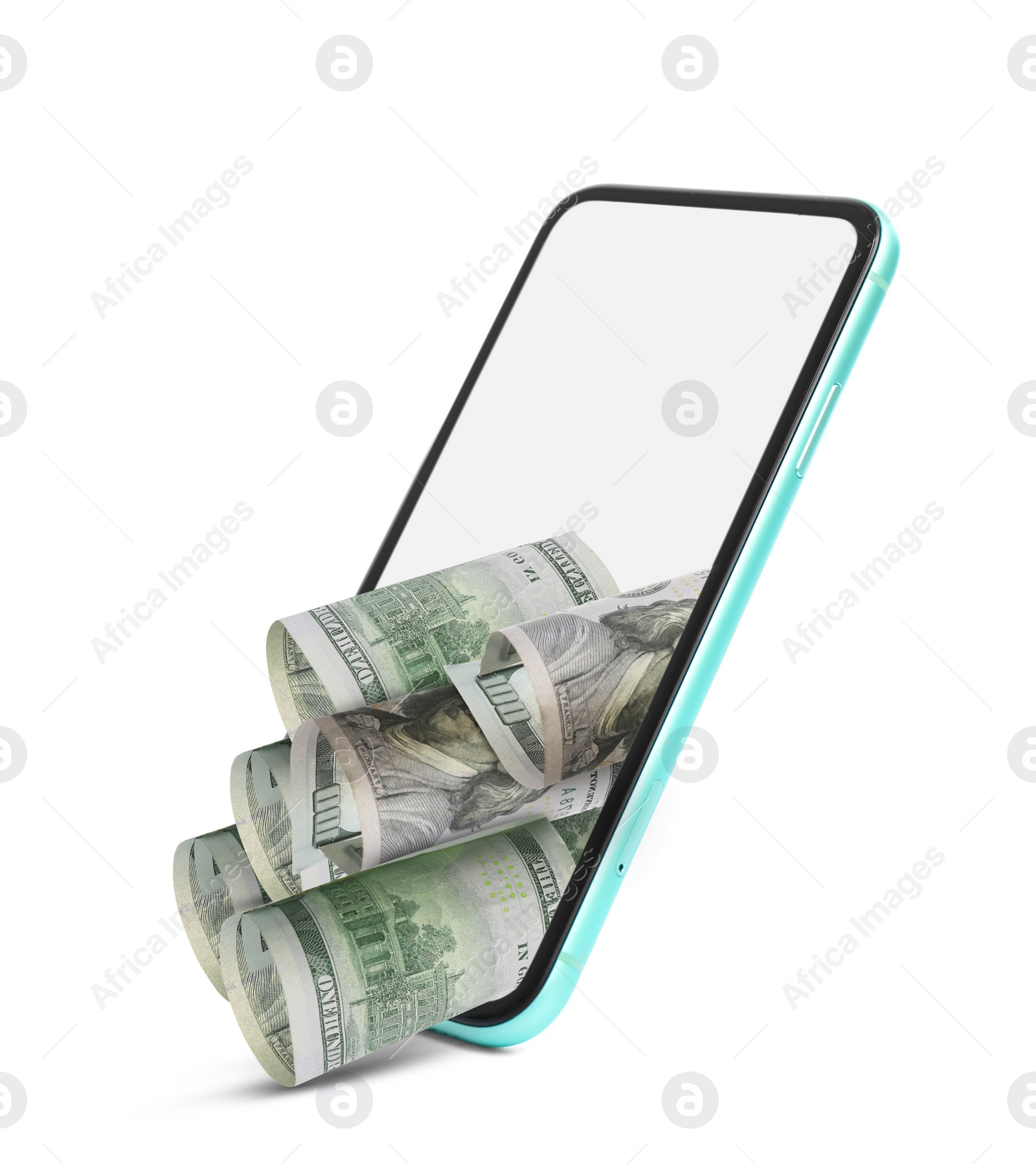 Image of Dollar banknotes and modern smartphone on white background