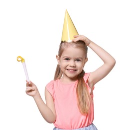Birthday celebration. Cute little girl in party hat with blower on white background