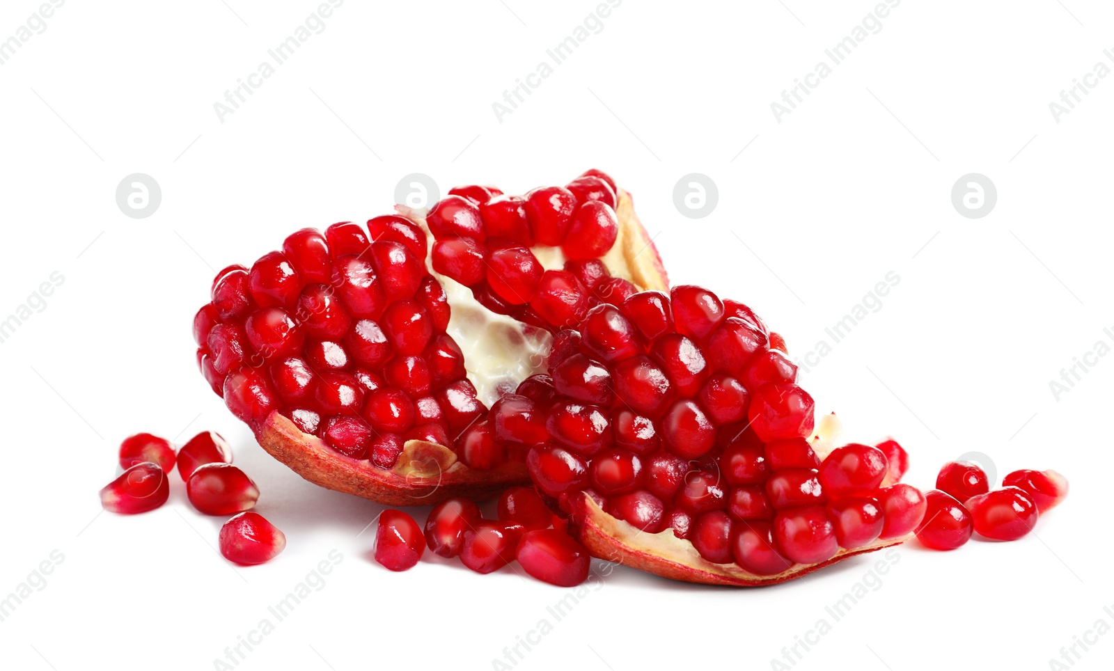 Photo of Ripe fresh pomegranate with juicy seeds on white background