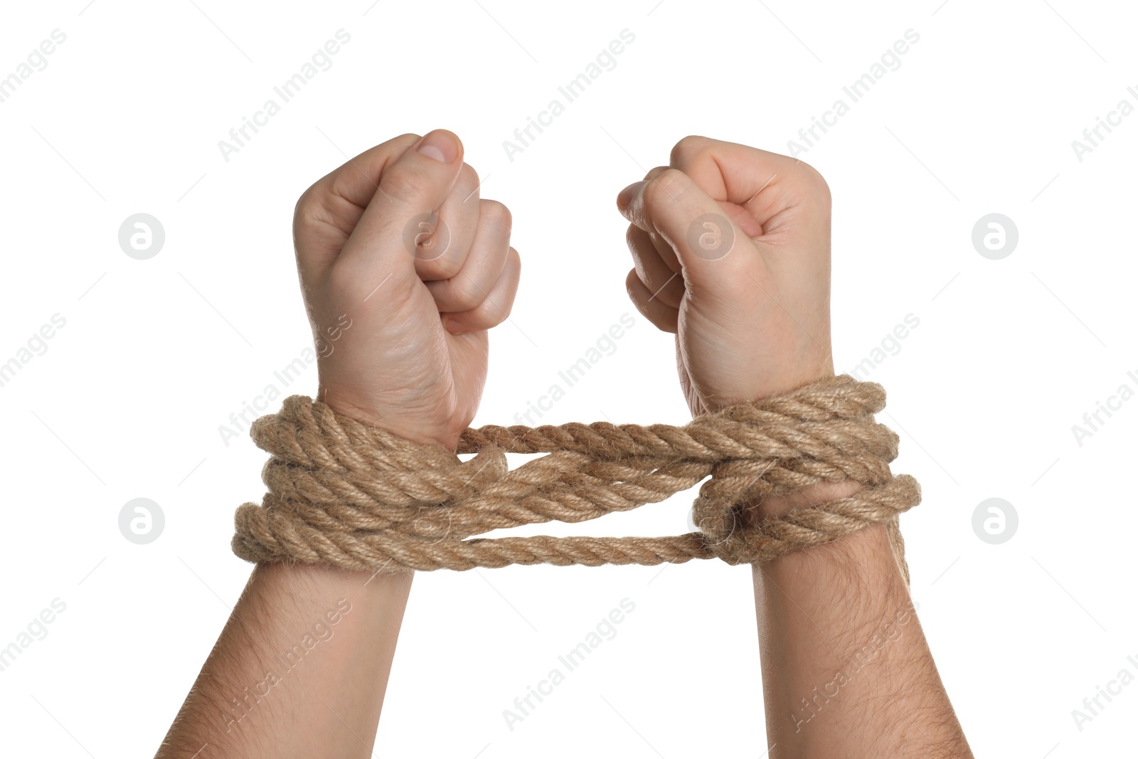 Photo of Freedom concept. Man with tied arms on white background, closeup