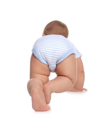 Photo of Cute little baby boy crawling on white background, back view