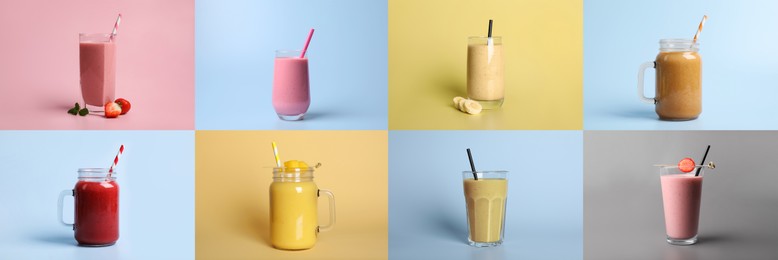 Image of Collage with various smoothies on different color backgrounds. Banner design