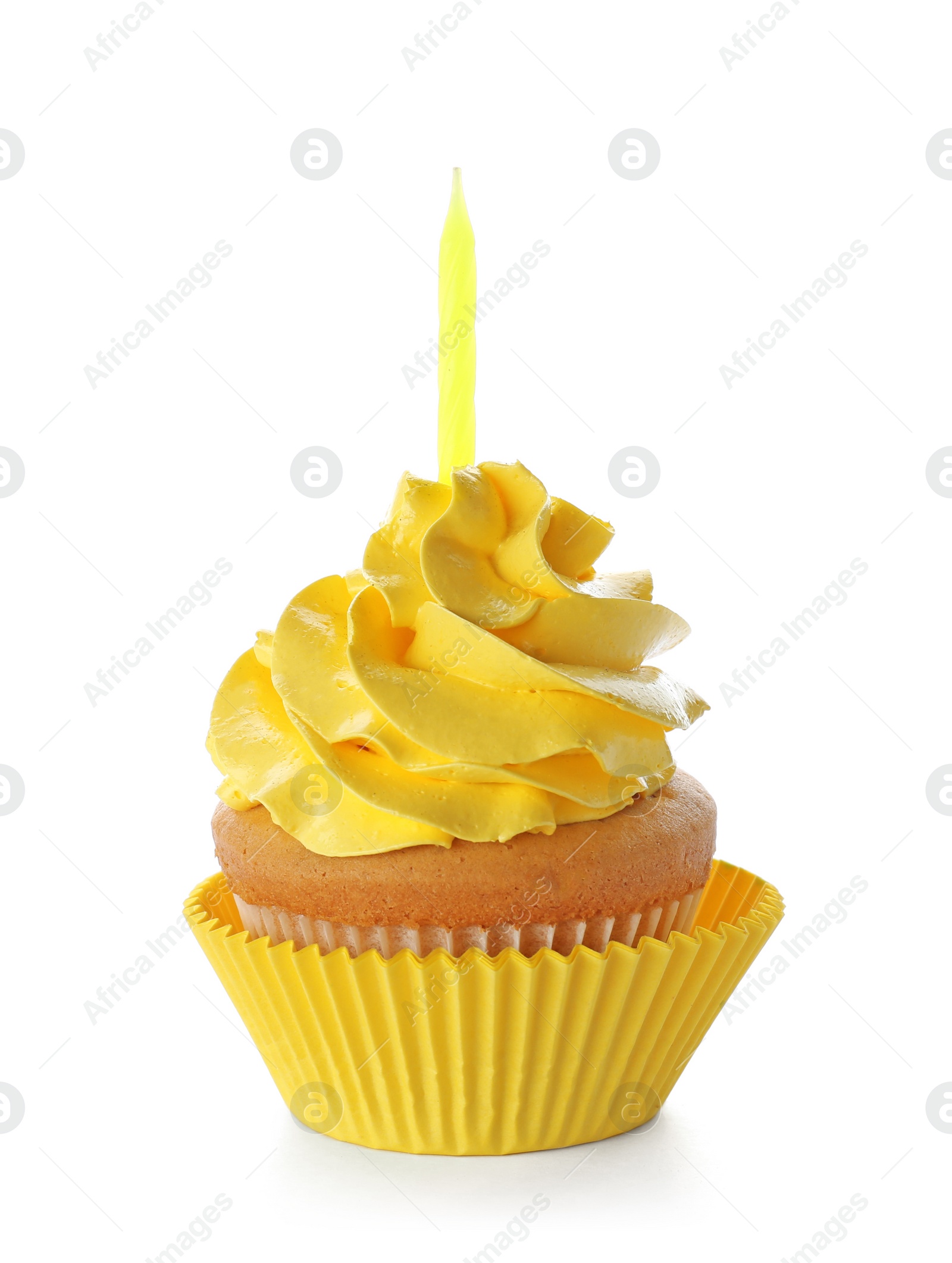 Photo of Birthday cupcake with candle on white background