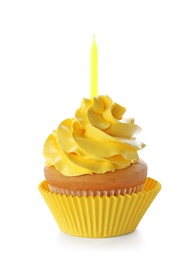 Birthday cupcake with candle on white background