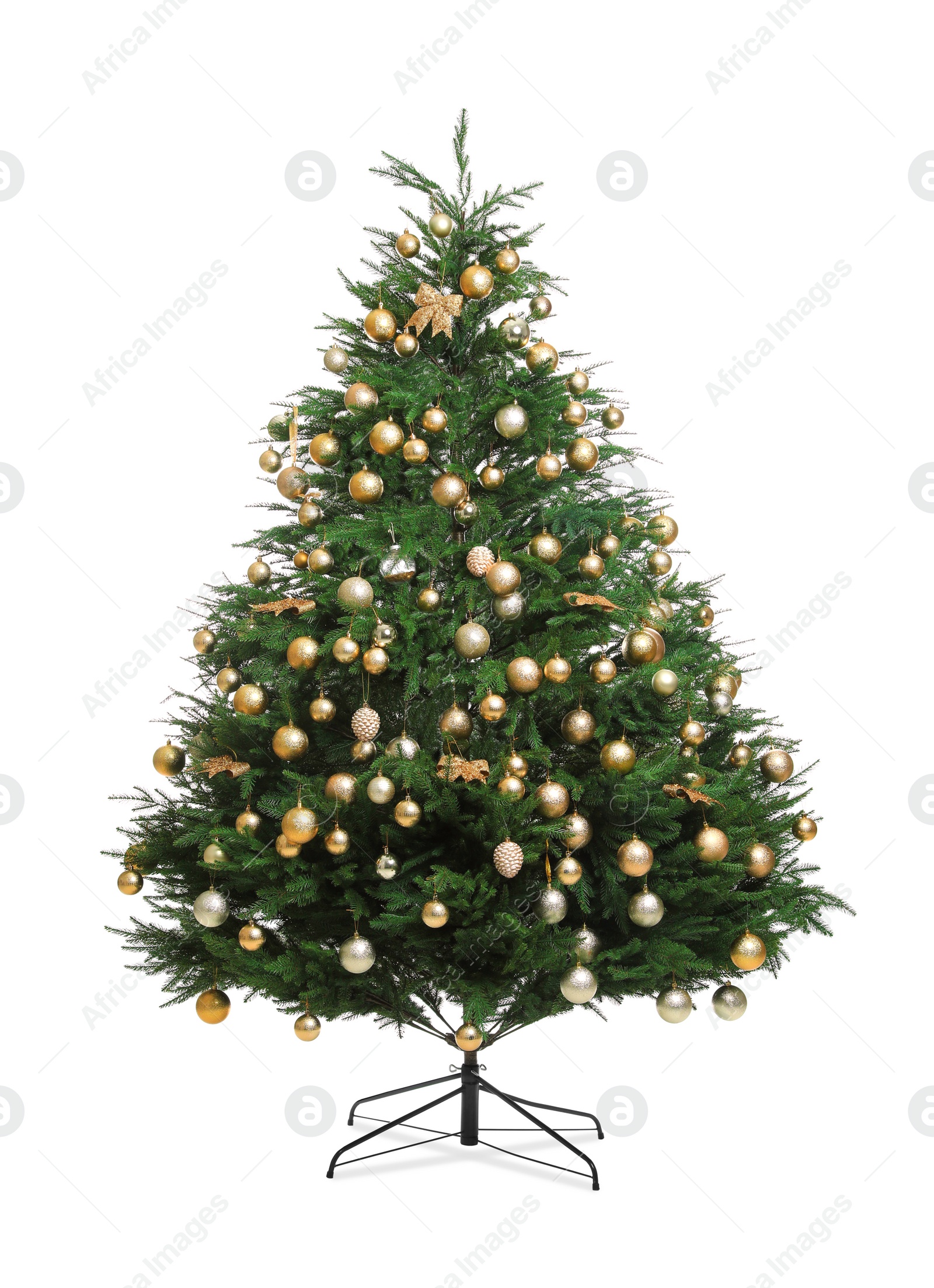 Photo of Beautifully decorated Christmas tree on white background