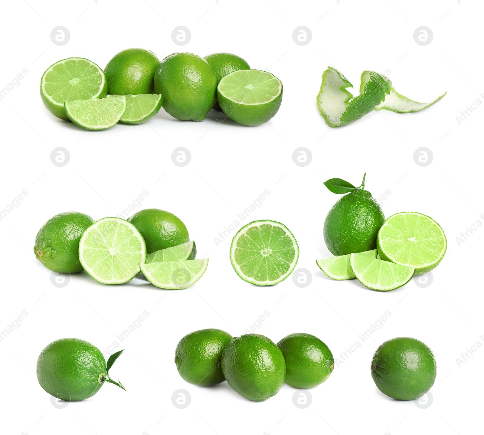 Image of Set of fresh ripe limes on white background