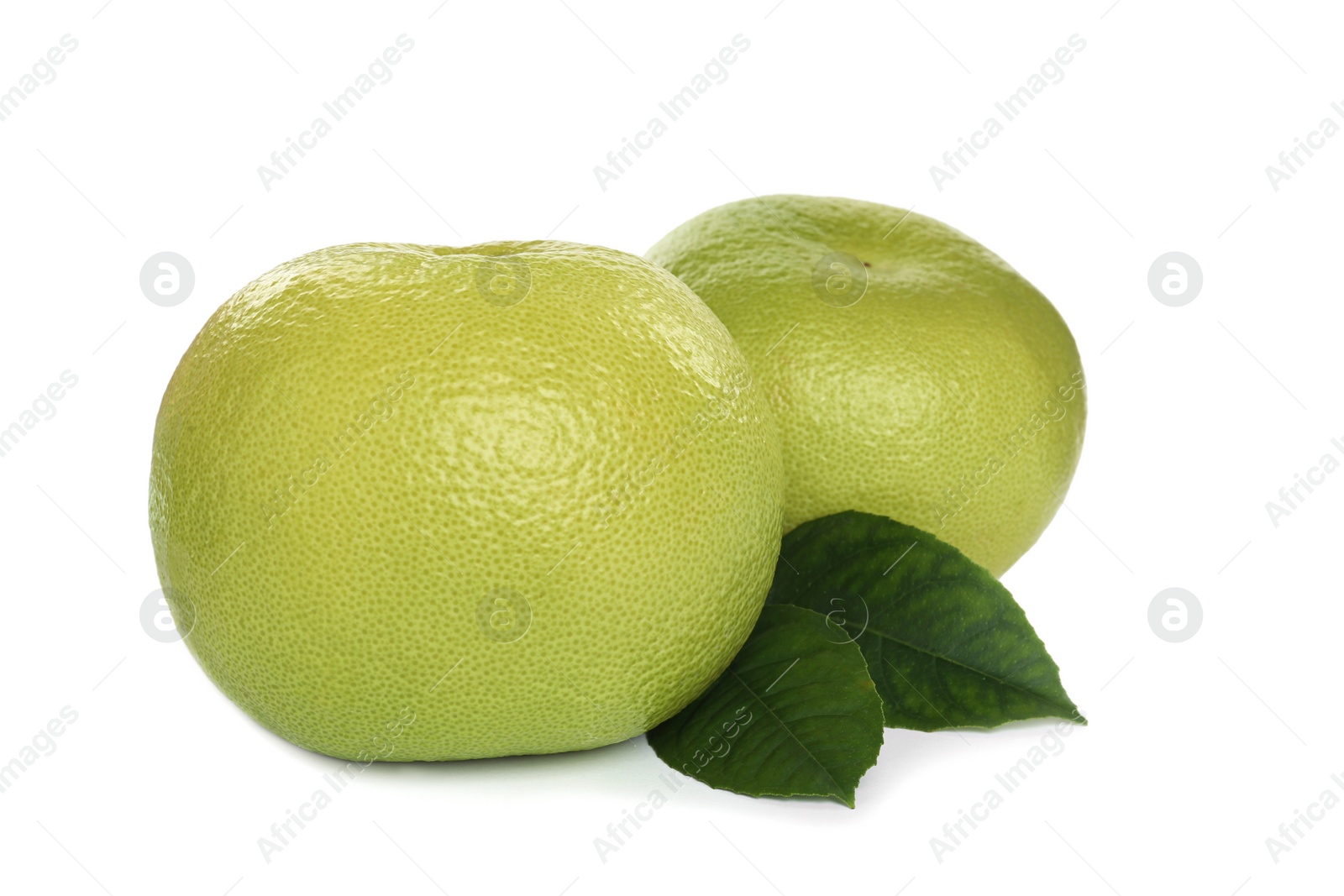 Photo of Fresh ripe sweetie fruits with green leaves on white background