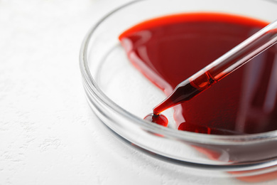 Image of Dripping blood from pipette into Petri dish on table, closeup. Laboratory analysis