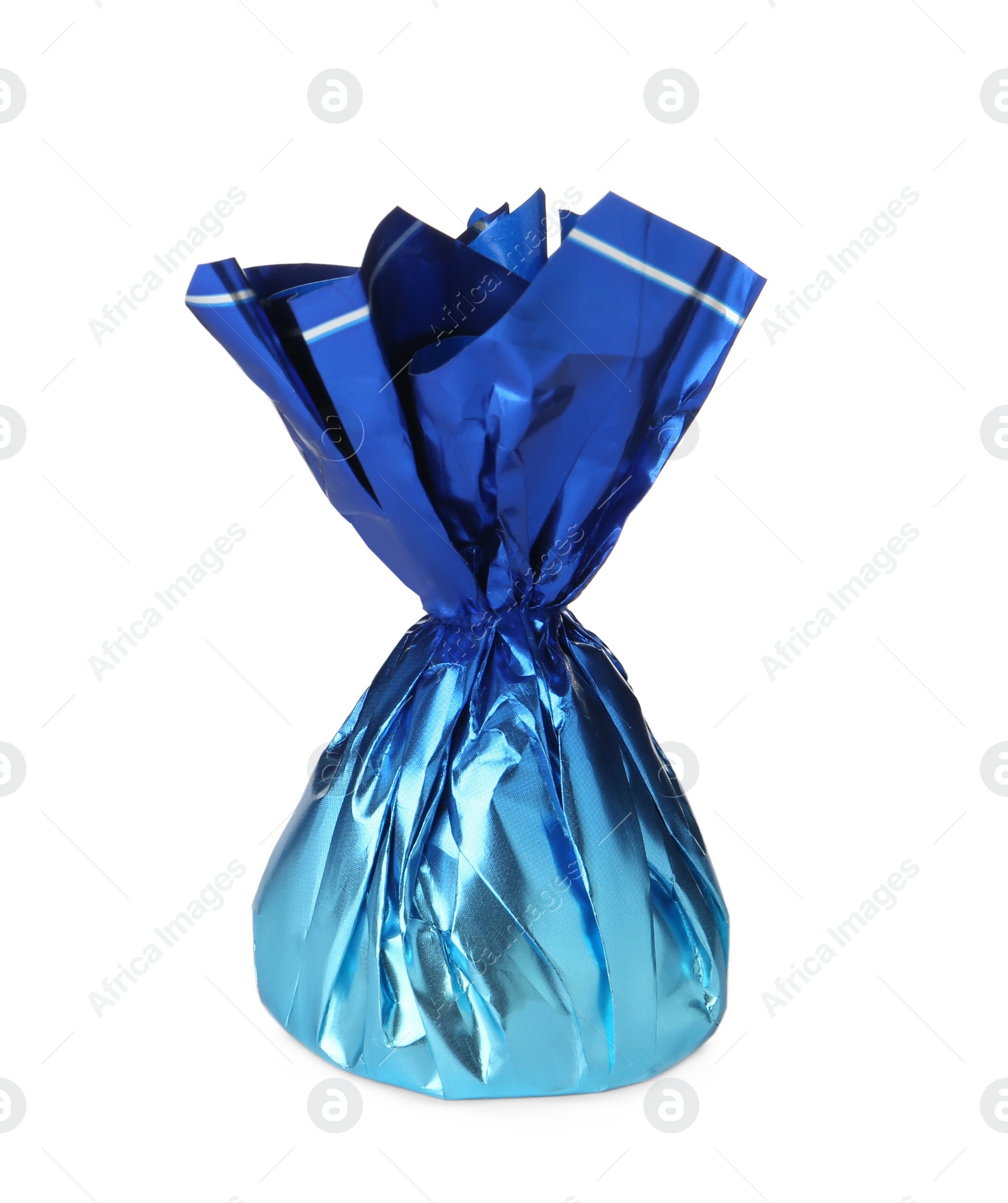 Photo of Delicious candy in blue wrapper isolated on white