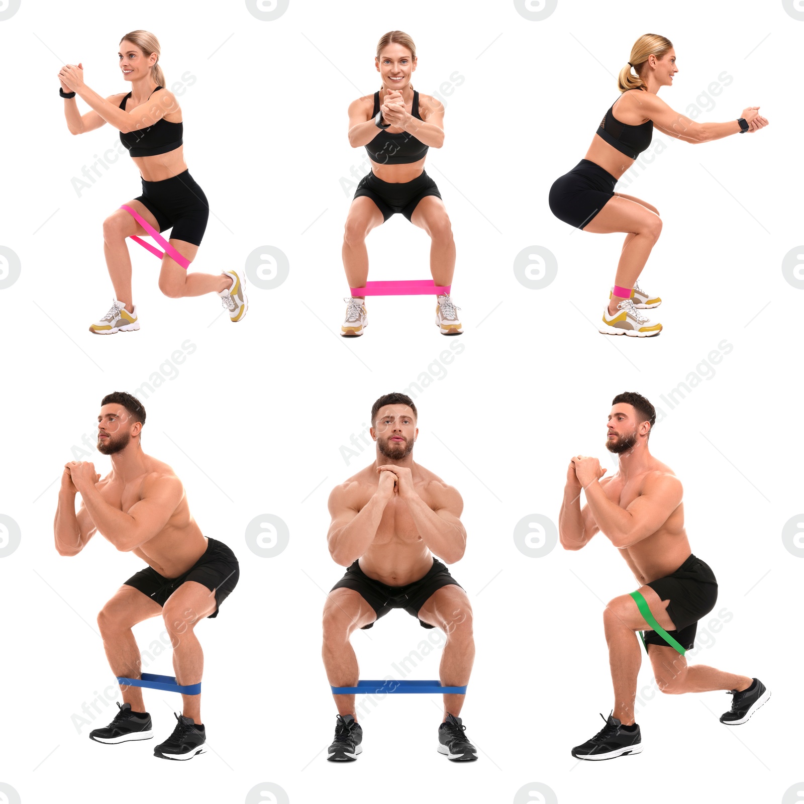 Image of Man and woman doing different exercises with elastic resistance band on white background, set of photos