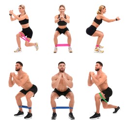 Man and woman doing different exercises with elastic resistance band on white background, set of photos