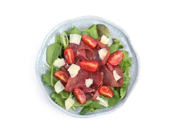 Delicious bresaola salad with tomatoes and parmesan cheese isolated on white, top view