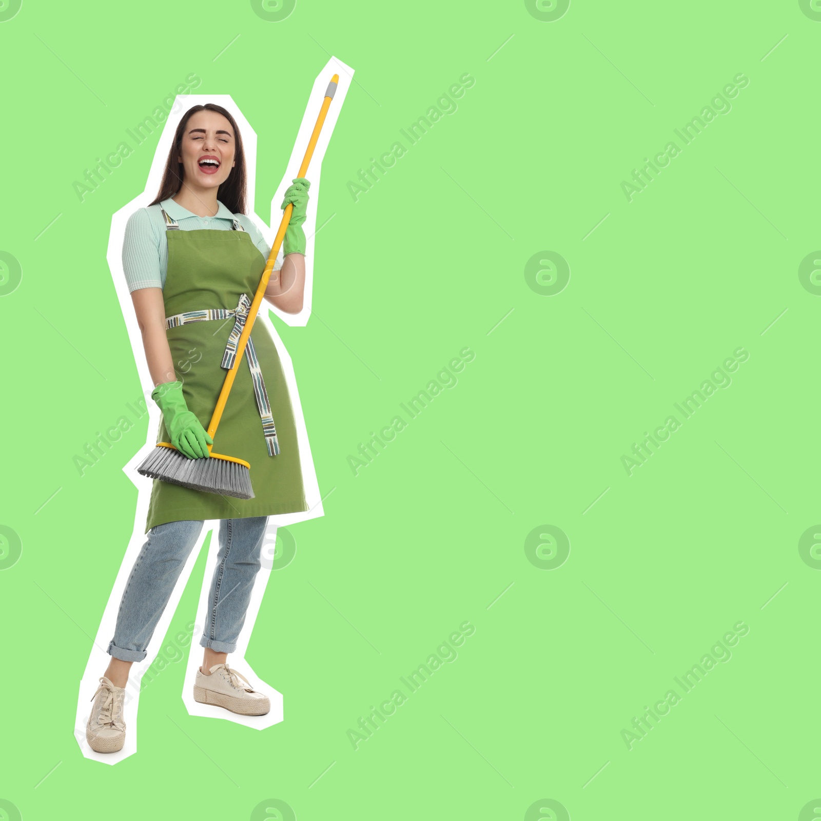 Image of Pop art poster. Beautiful young woman with broom singing on light green background. Space for text