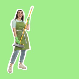 Image of Pop art poster. Beautiful young woman with broom singing on light green background. Space for text