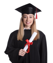 Photo of Happy student with diploma on white background