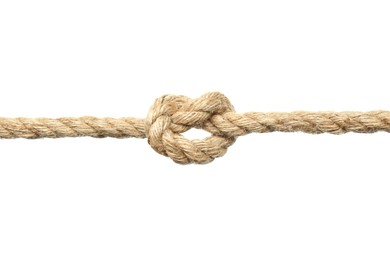 Photo of Hemp rope with knot on white background