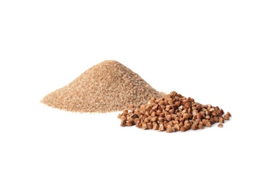 Pile of fresh flour and buckwheat isolated on white